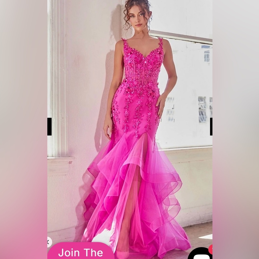 Ladivine Elegant Fuchsia Pink Floral Embellished Gown Size 6
